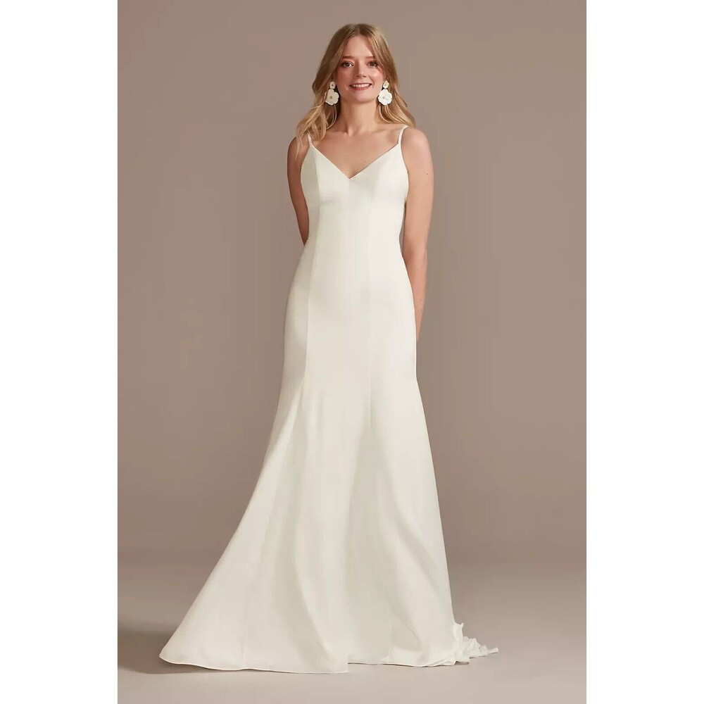 Davids Bridal Wedding Dress Size 8 Crepe Back Satin Spachetti Strap Soft White